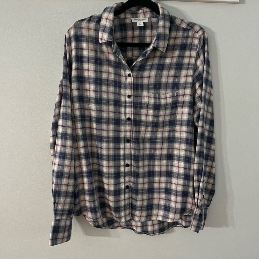 Beachlunchlounge Cream Pink Blue Plaid Button Down Shirt Sz Large